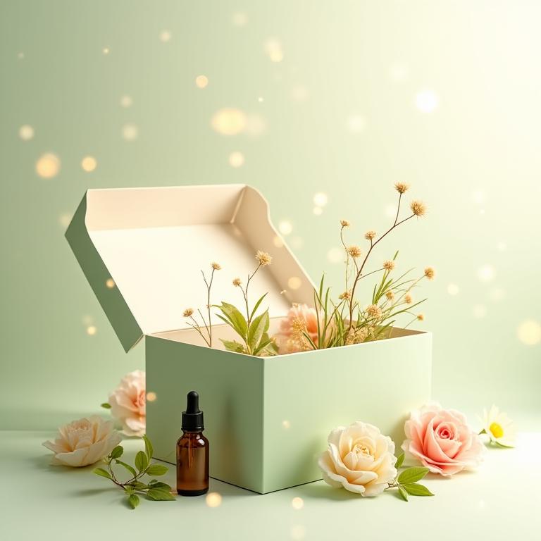 Geöffnete Wellness-Box mit schwebenden natürlichen Elementen
